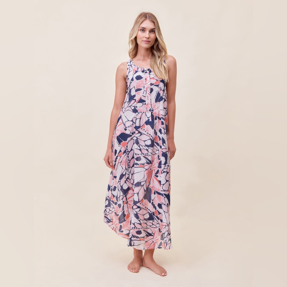Sleeveless Pink & Navy Floral Maxi Nightgown